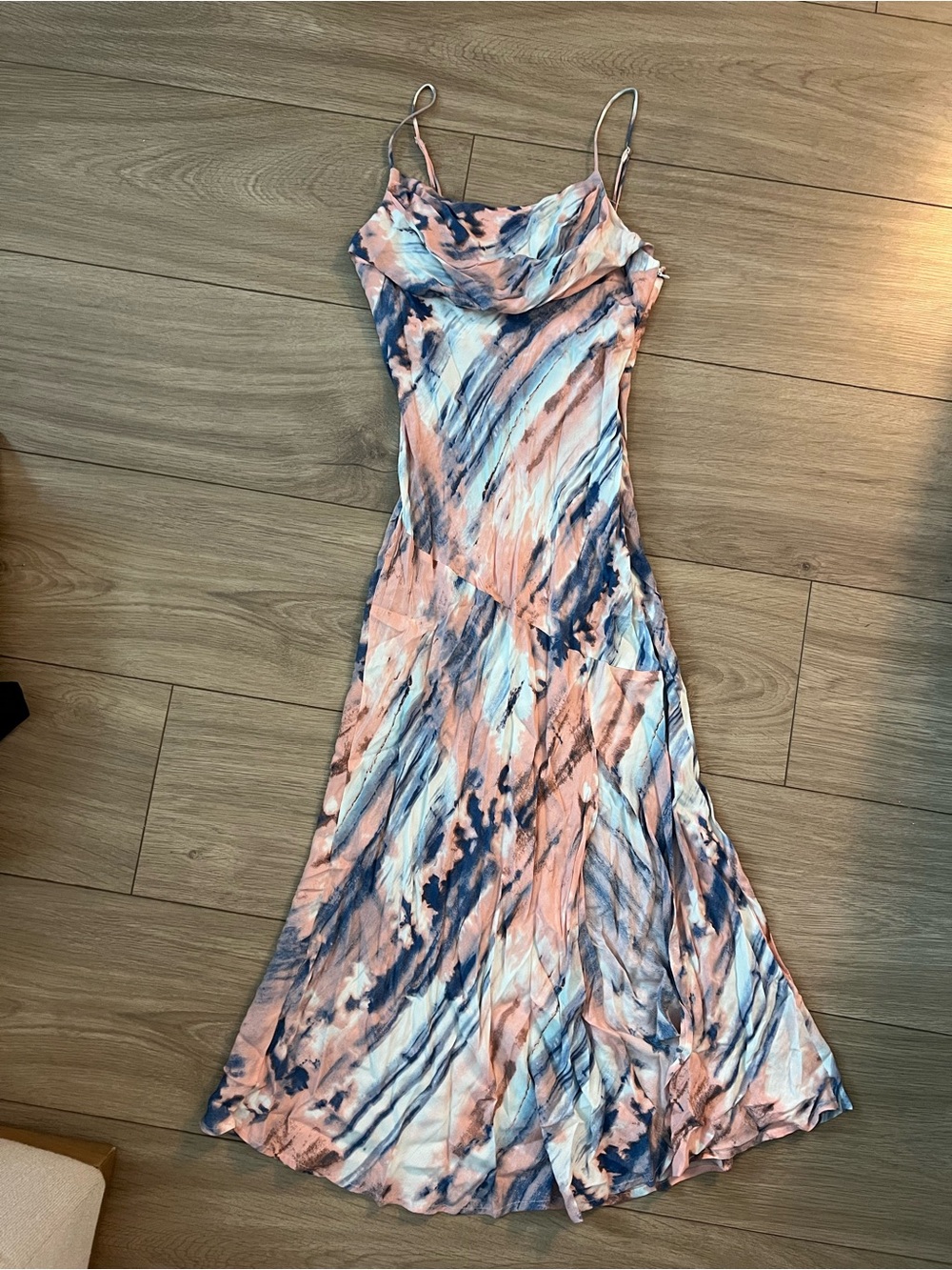 Saints + Secrets Pink & Blue Marble-Print Cowl Midi Dress with Side Slit - Picture 2 of 3